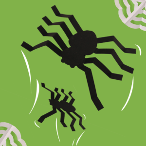 halloween paper jumping spider craft on a green background surrounded by paper webs