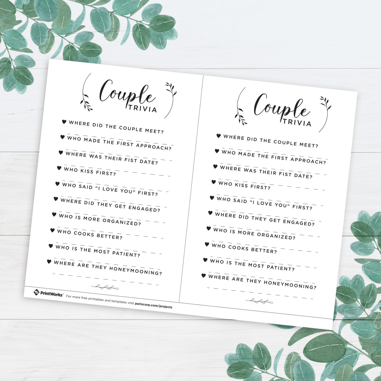 Couple Trivia Game free printable by PrintWorks